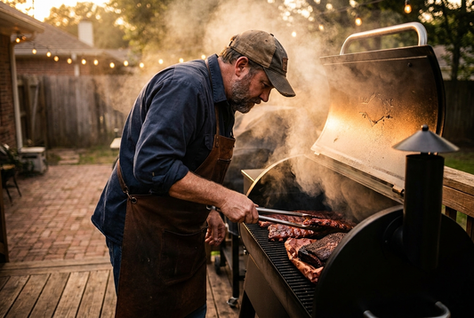 Pitmaster checking ribs on a pellet grill at golden hour