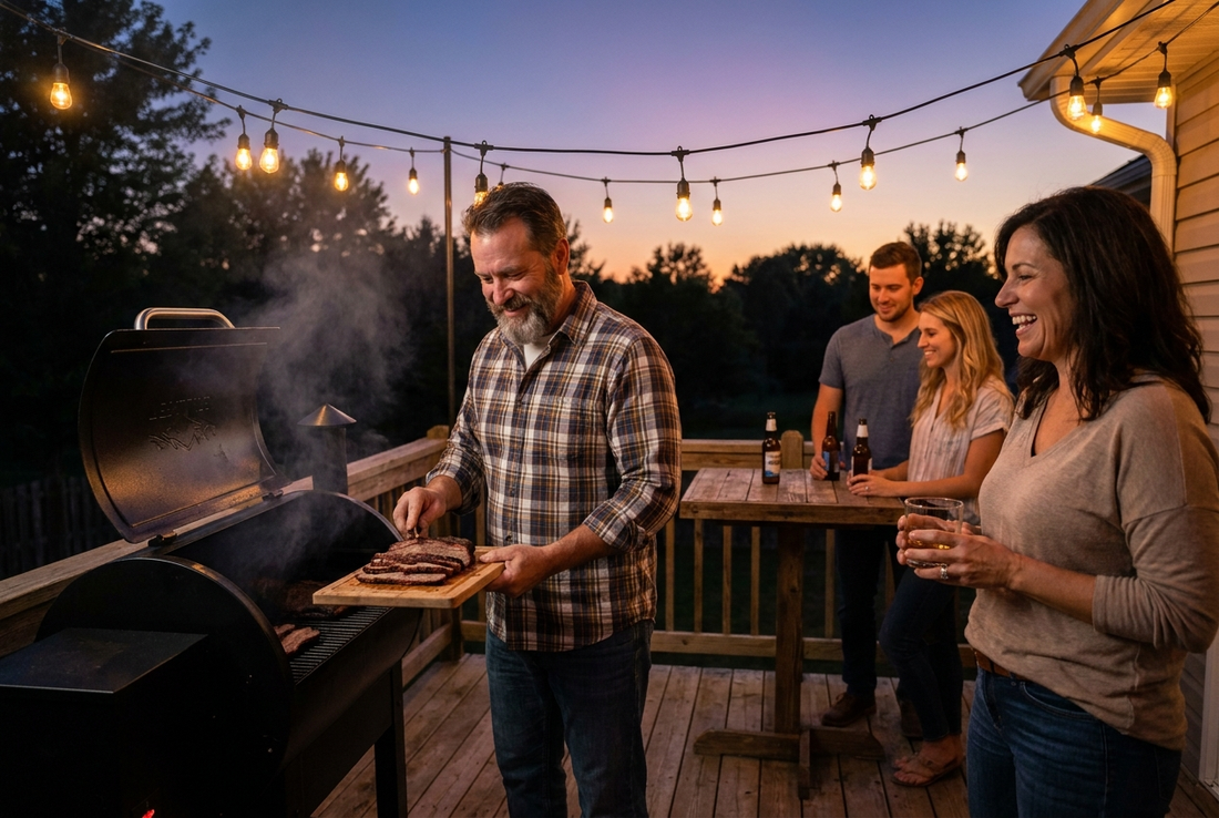 Family gathered around a pellet grill at dusk
