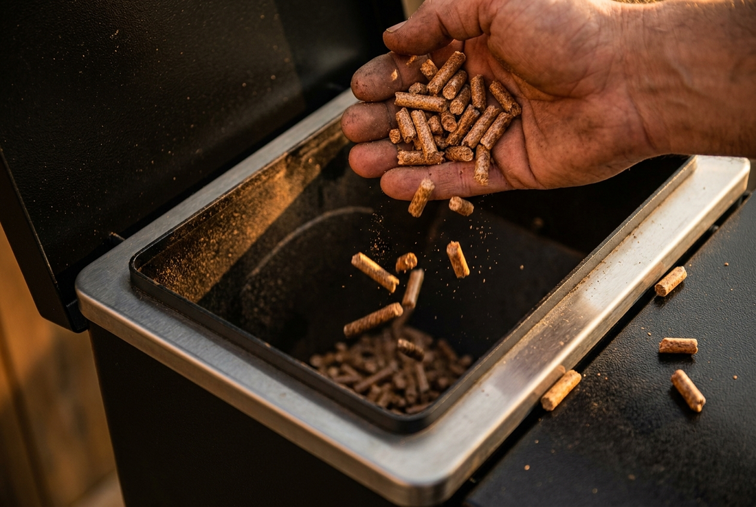 Wood pellets being poured into a grill hopper