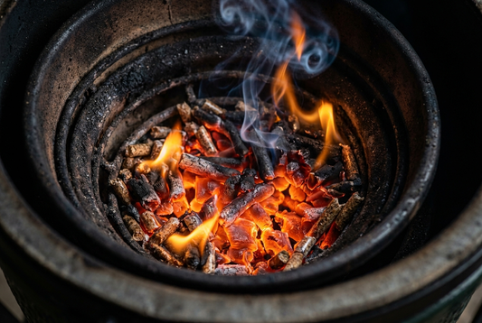 Glowing embers in a pellet grill burn pot